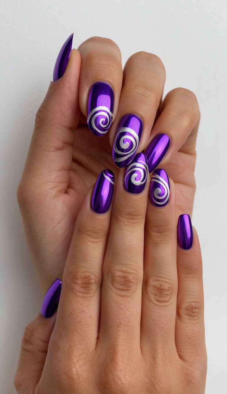 A metallic purple swirl design on a nail with chrome finish