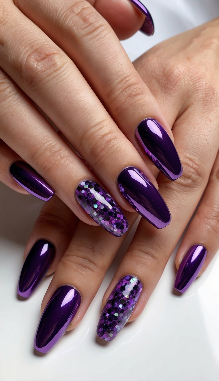 A collection of elegant purple chrome nail art designs with grape glitter mix