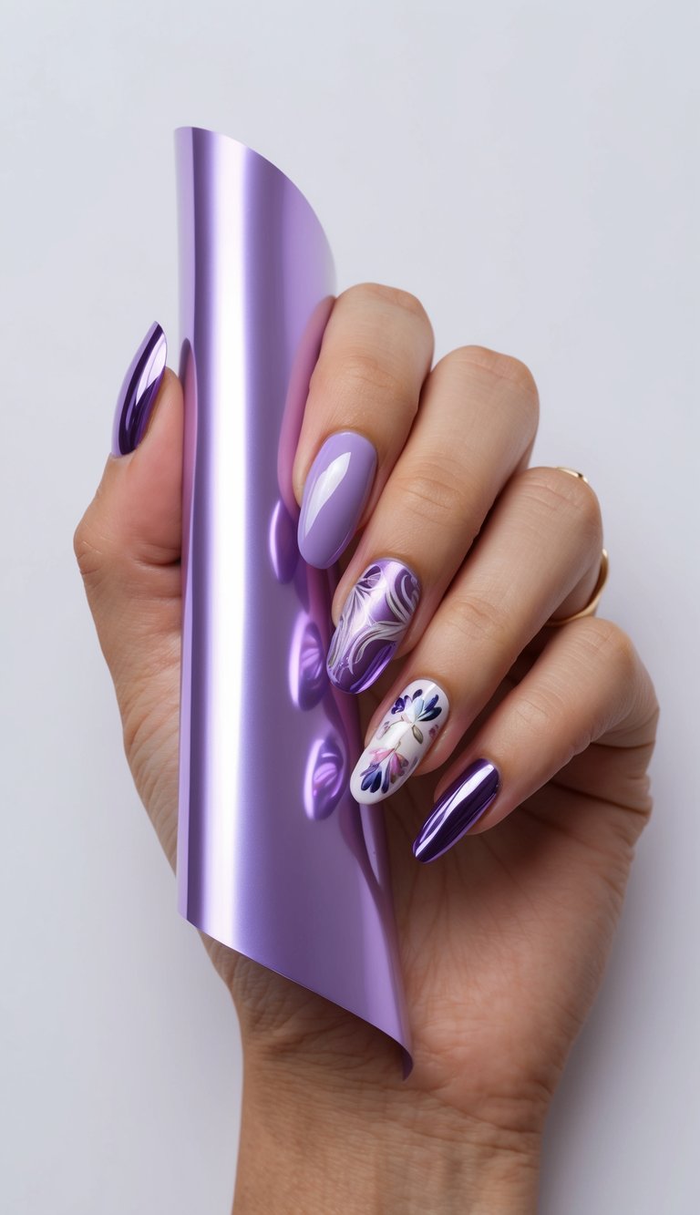 Hand showing nails with a mix of lilac gloss, mirror-like purple, and floral designs on a white base for a fairytale-inspired nail art.
