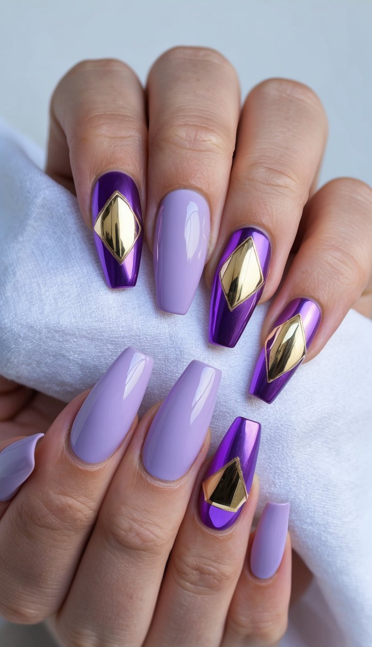 Coffin-shaped nails in soft lilac and deep chrome purple with bold gold diamond accents for a high-glam nail design.