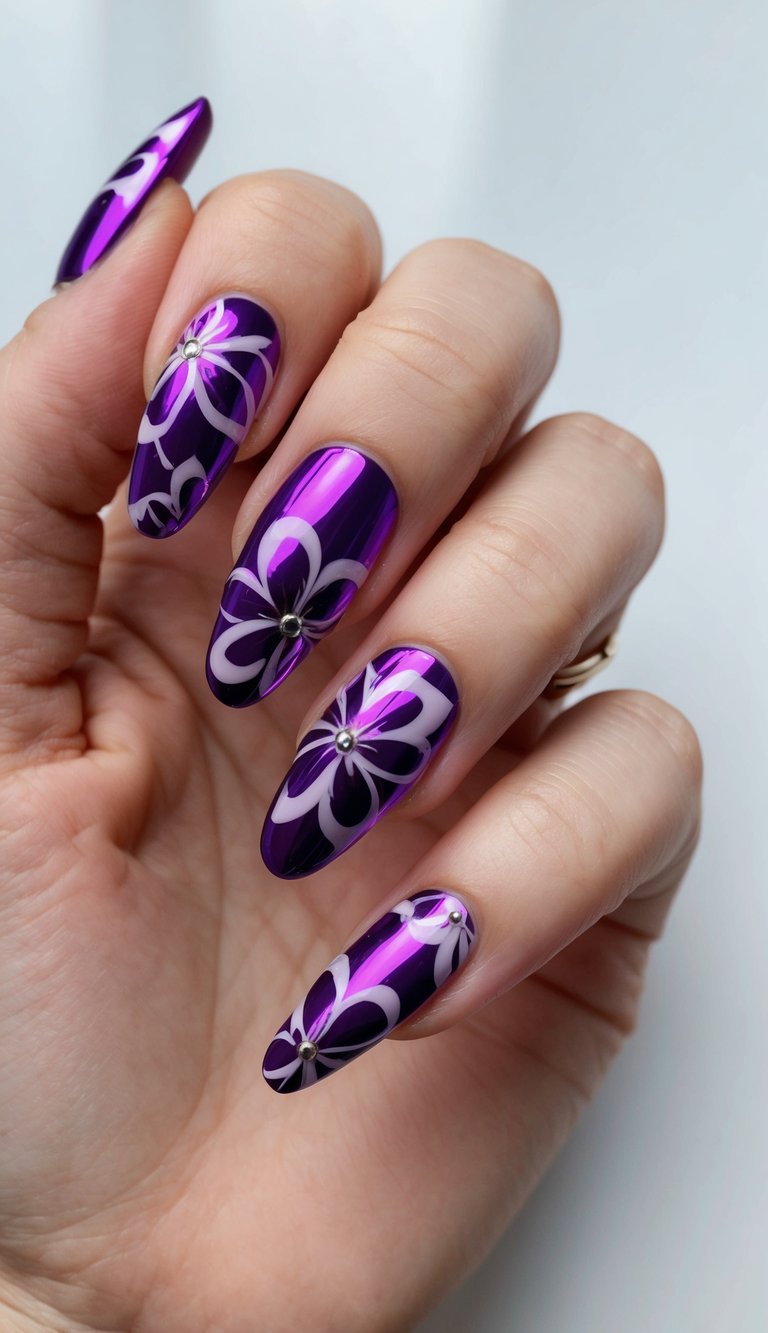 A close-up of chrome magenta floral nail art designs in elegant purple chrome