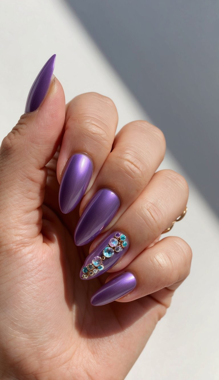 A chrome lilac nail with gem accents shines under soft lighting