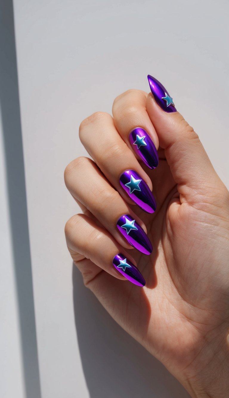 Nails in violet chrome with bold outlined stars in teal and white for a throwback, pop-culture inspired look.
