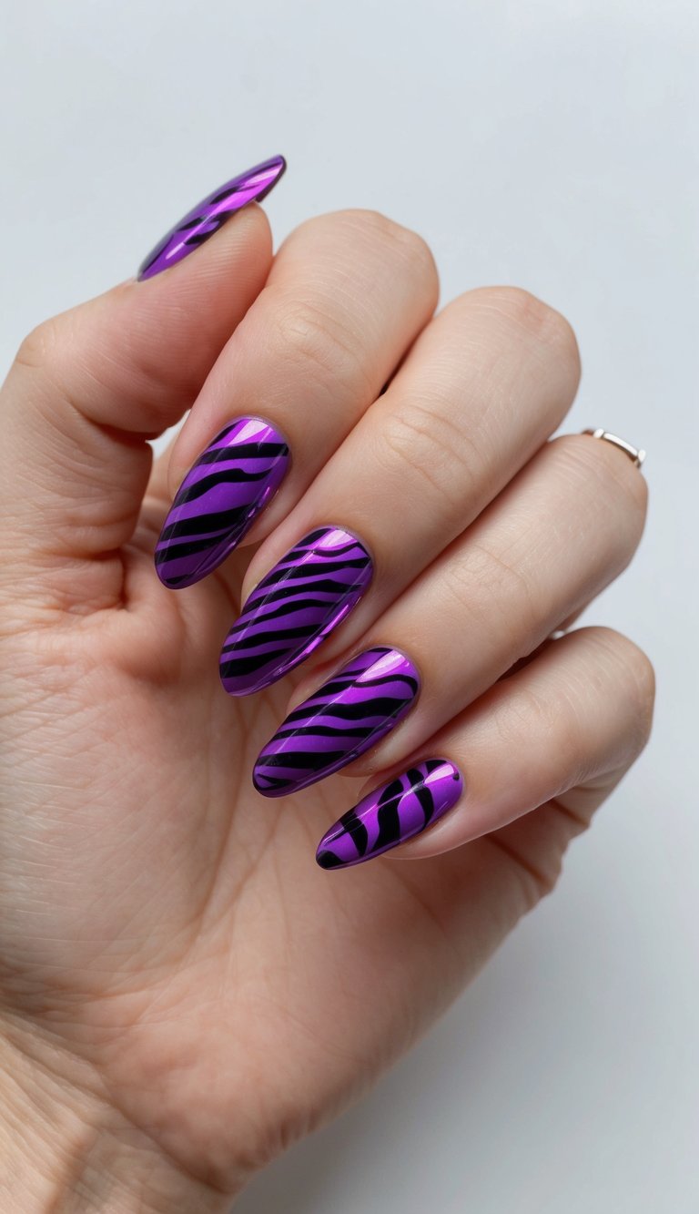 A neon plum zebra print nail design with purple chrome accents