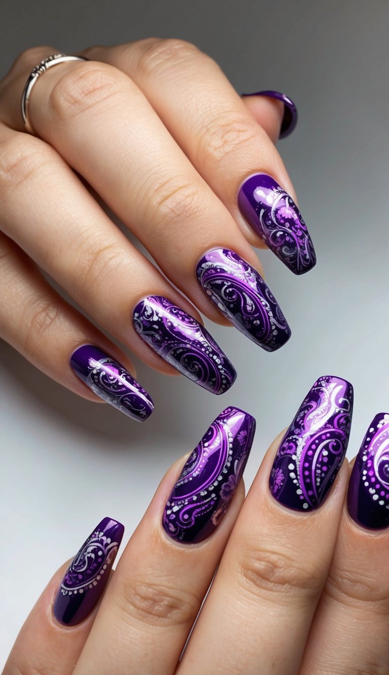 A close-up of elegant purple paisley nail art designs with a chrome finish