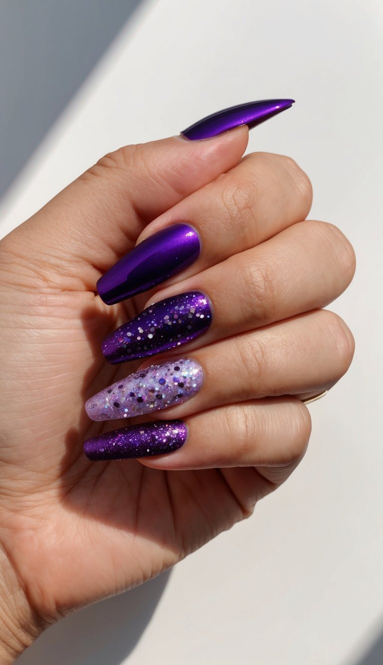 Royal purple nails with glitter in various designs, reflecting light and elegance