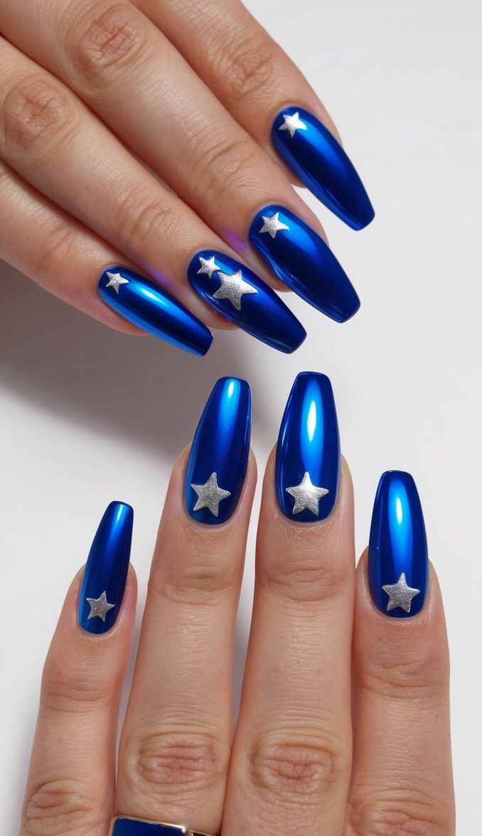 A close-up of blue chrome nails with silver star accents