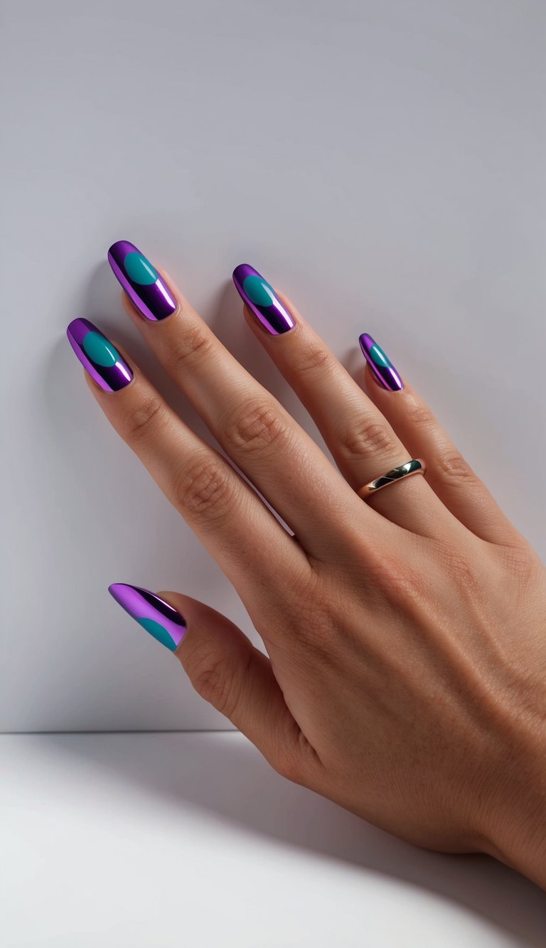 Nails featuring purple chrome base with teal oval accents, combining glossy shine with graphic retro-inspired design.