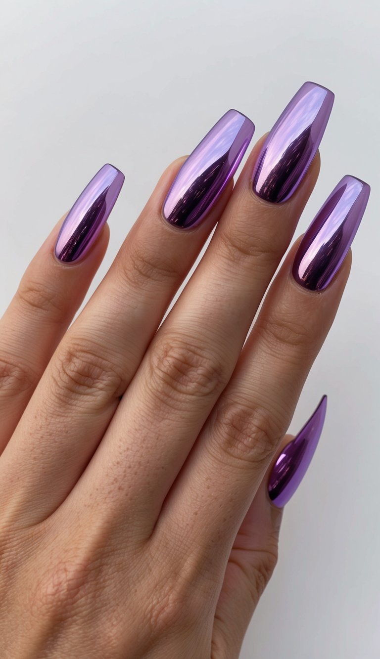 Long coffin nails with a glossy lilac chrome finish reflecting light for a smooth, mirrored effect.