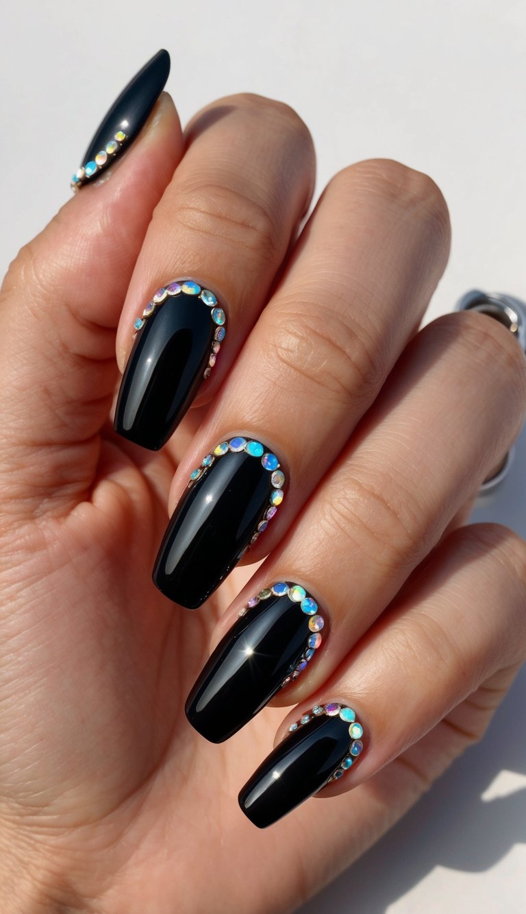 A sleek black chrome nail art design with rhinestone accents catches the light, creating a bold and edgy look