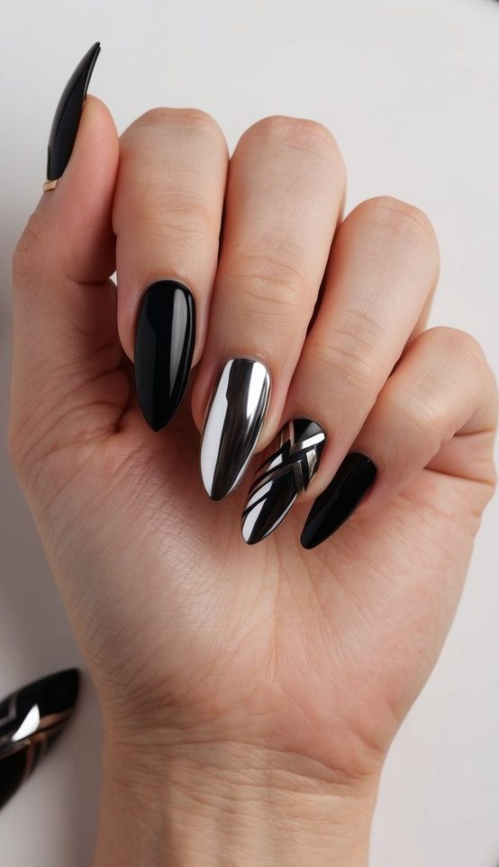 Almond nails featuring black, chrome, and white elements with clean line art and metallic striping for a bold, high-shine manicure.