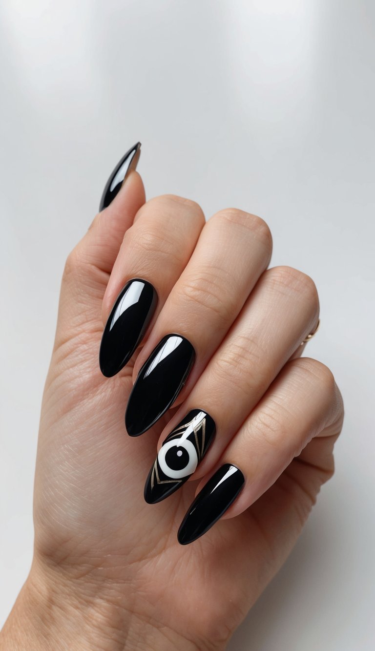 Black nails with an accent nail featuring a stylized white eye and chrome triangle detailing for a bold, symbolic manicure.