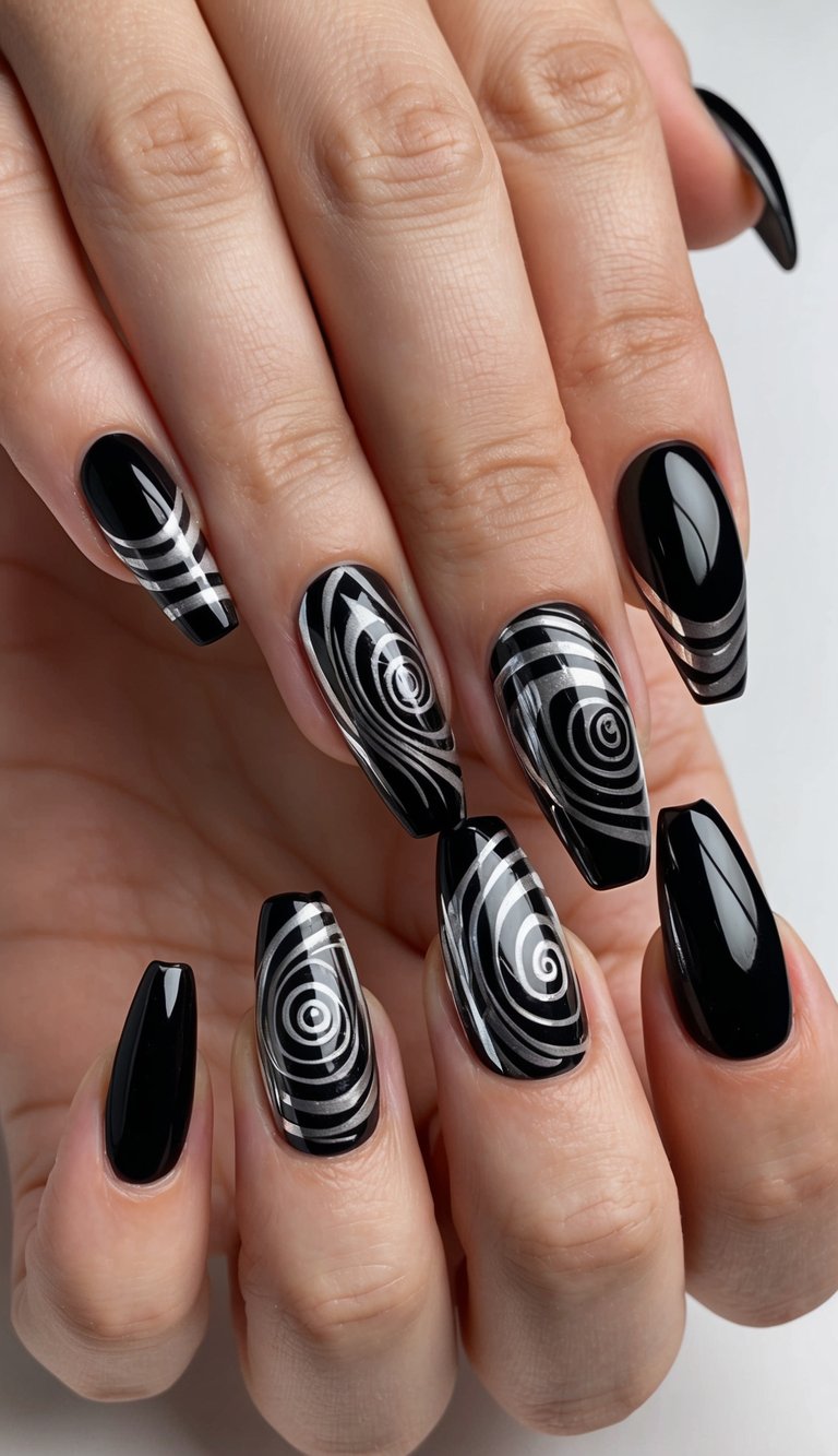 A set of 50 black chrome nail art designs with bold and edgy swirl patterns