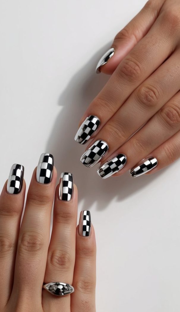 A checkerboard pattern of bold black chrome nails on a clean, minimalist background