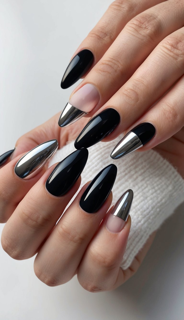 Hand with alternating black and silver chrome nails featuring clean nude base accents for a minimal, futuristic manicure.