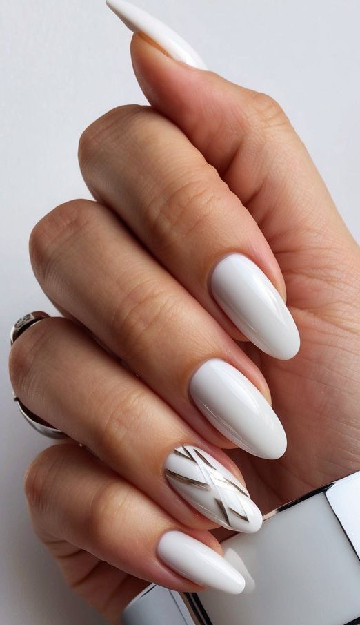 A hand with white chrome bracelet, showcasing 50 sleek white chrome nail art designs