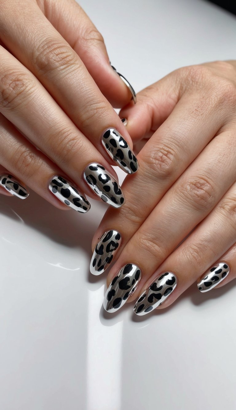 Chrome nails featuring glossy black animal spots over a reflective silver base for a fashion-forward nail art design.