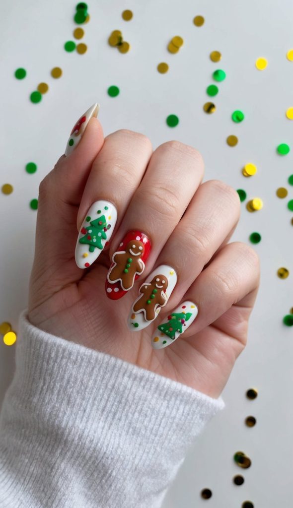 Holiday nails with red and white bases, decorated with gingerbread men, 3D Christmas trees, and colorful dotted sprinkles.