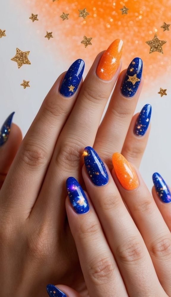 Vibrant orange and navy blue nails with galaxy stars and cosmic shimmer, creating a dreamy outer-space-inspired orange nail look.