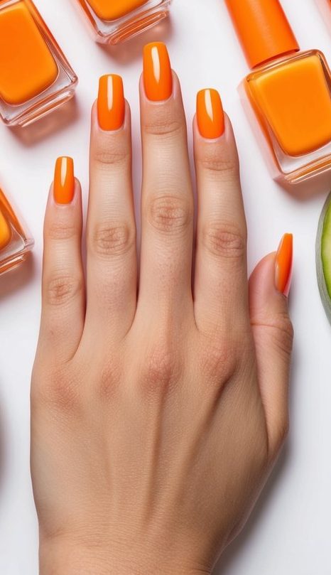 Neon orange nails in a solid glossy finish, offering a simple and bold take on orange nail art.