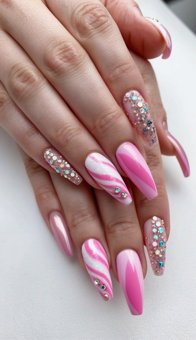 A swirling, cotton candy-inspired nail art design in various shades of pink, adorned with glitter and rhinestones