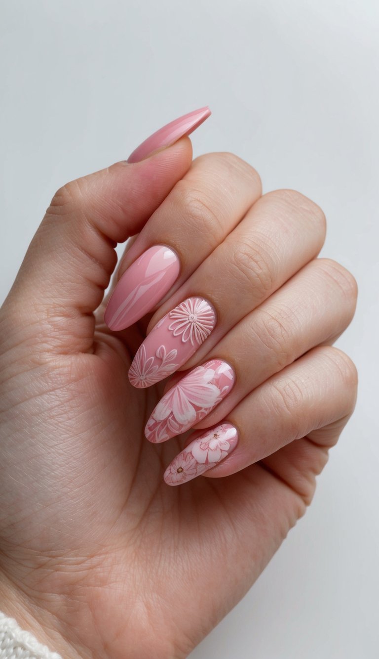 A delicate pink floral design nail art with various shades of pink and intricate patterns