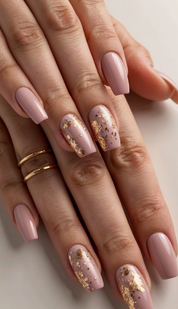 A close-up of dusty pink nails with gold flakes, arranged in various artistic patterns on a neutral background