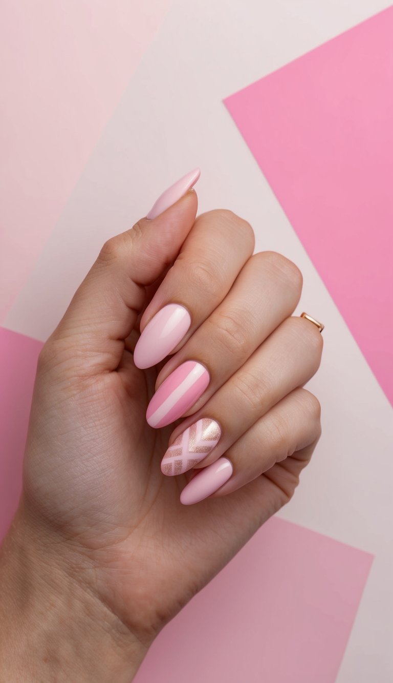 A pale pink background with overlapping geometric shapes in various shades of pink