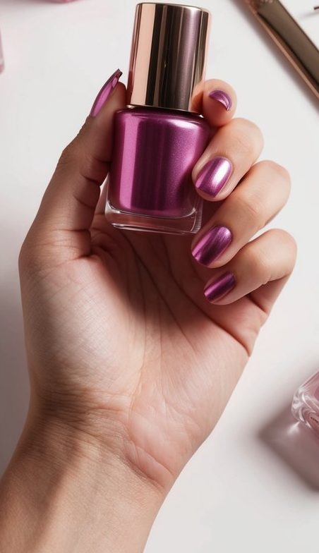 A hand holding a metallic pink nail polish bottle surrounded by various shades of pink nail polish bottles and nail art tools on a white table