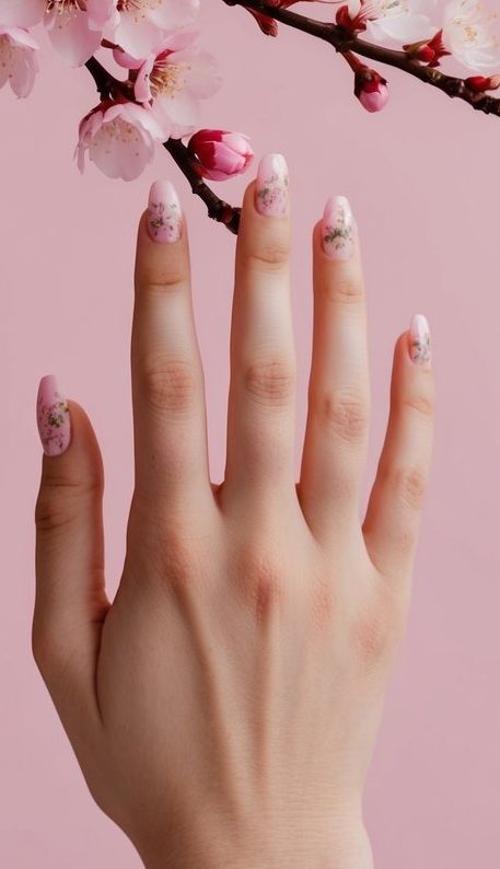 Pink cherry blossom branches against a soft pink background