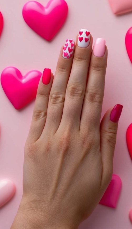 A collection of pink hearts and love symbols arranged on a soft pink background, surrounded by various shades of pink nail polish