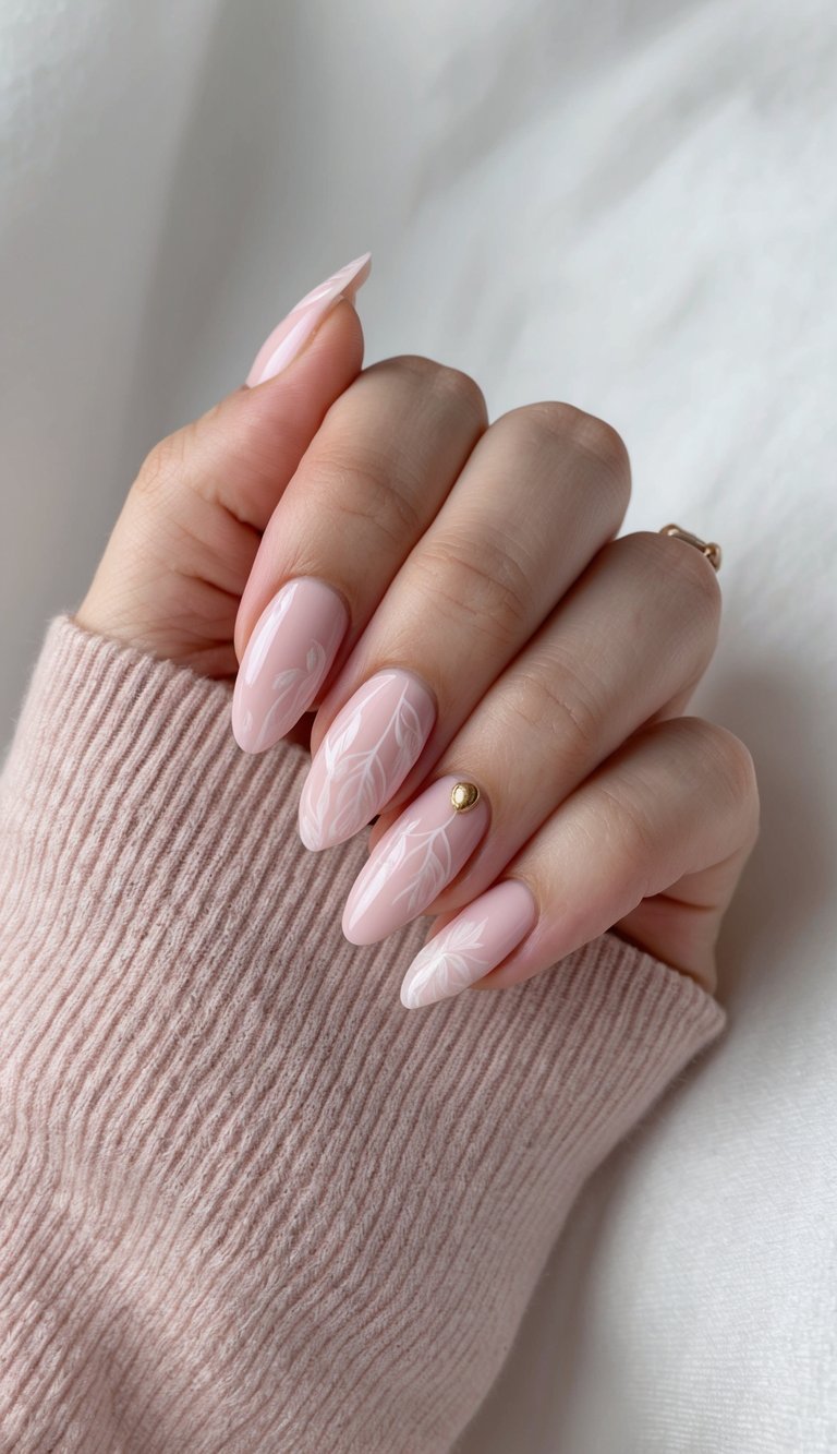 A rose-pink nail with delicate leafy motifs on a soft background