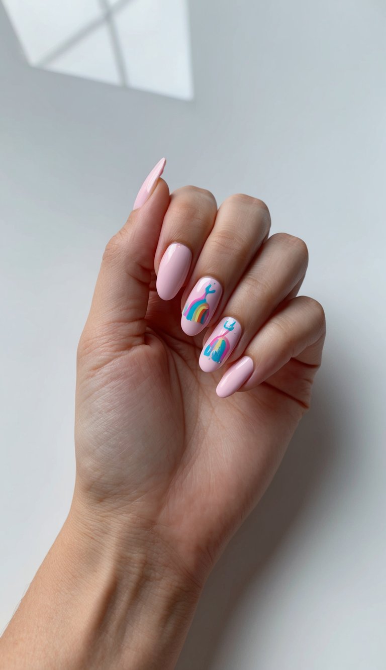 Hand with almond-shaped pale pink nails showcasing colorful abstract rainbow paint strokes on two accent nails against minimalist gray background with window shadow.