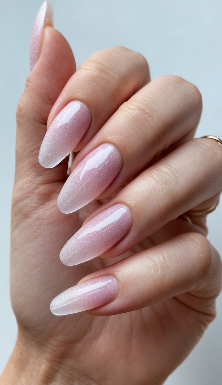 A pink nail with frosted texture and glints of ice catching the light