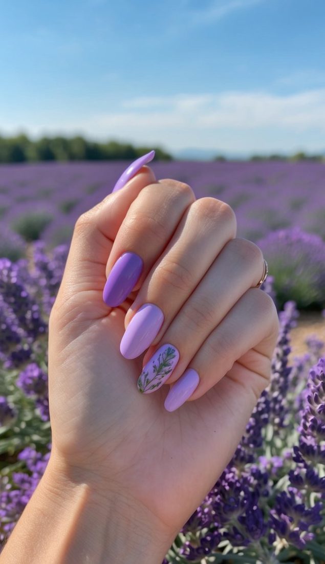 A serene lavender field with various shades of purple flowers blooming under a clear blue sky