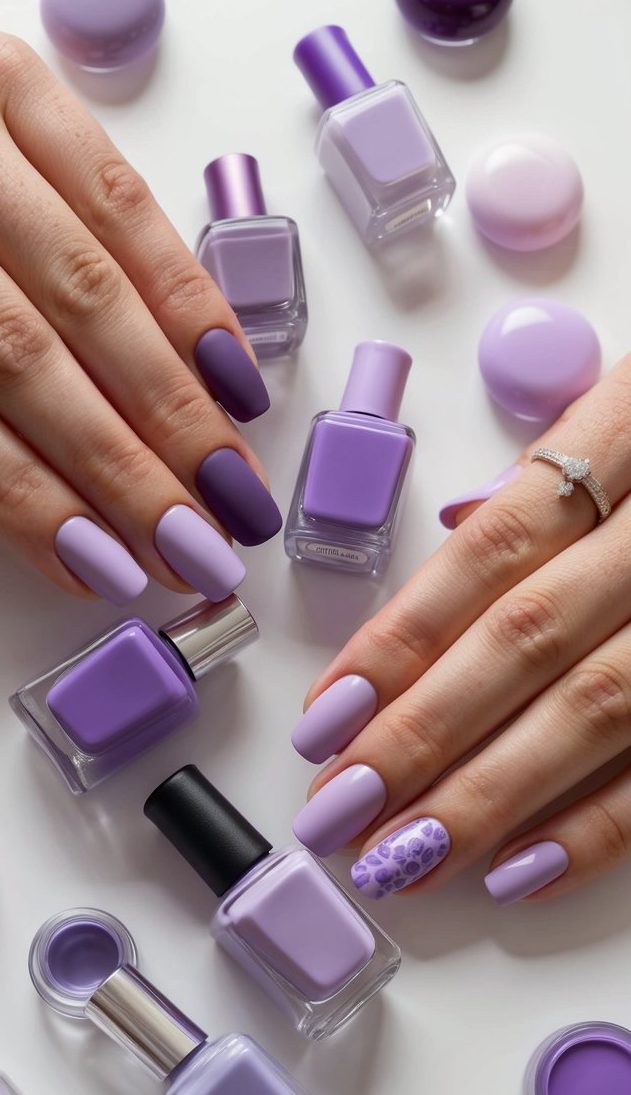 A collection of lavender matte and gloss nail polishes arranged on a table, surrounded by various shades of purple nail art designs