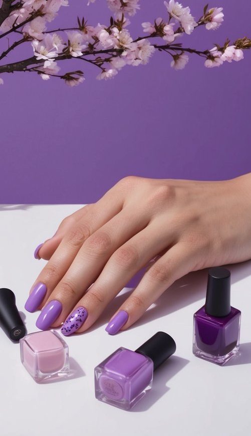 A cherry blossom tree in full bloom against a purple background, with various shades of purple nail polish bottles scattered around