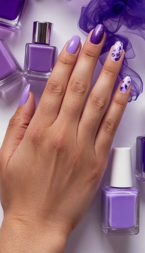 Translucent purple smoke swirling around various shades of purple nail polish bottles and nail art designs