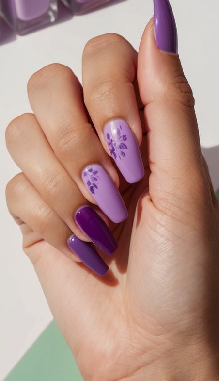 A retro-themed nail salon with various shades of purple nail polish bottles displayed on a colorful backdrop