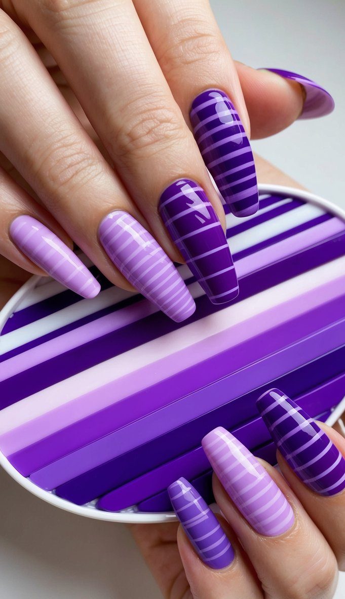A rainbow of purple stripes swirl across a nail art palette, showcasing 50 different shades of purple