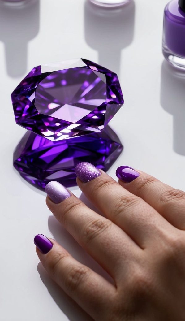 A sparkling purple crystal surrounded by various shades of purple nail polish bottles on a sleek, reflective surface