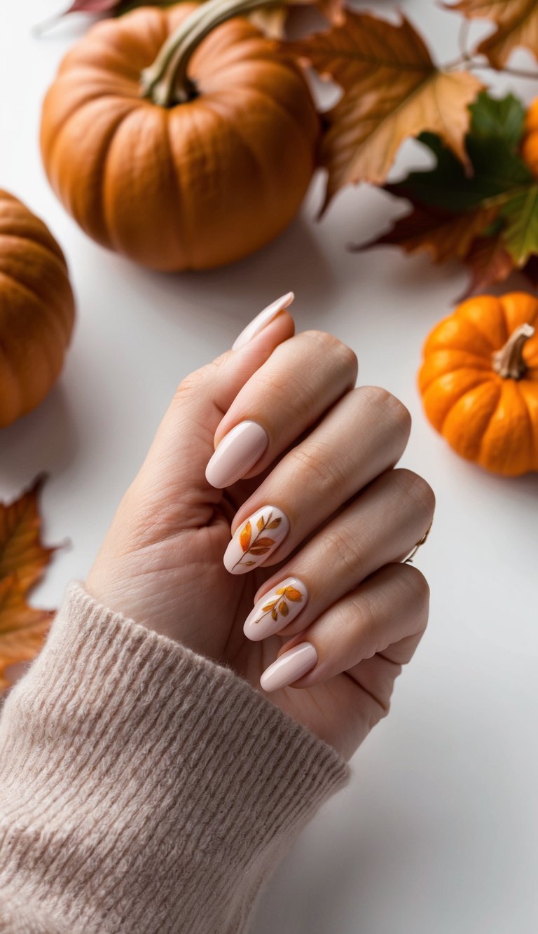 A cozy fall scene with leaves, pumpkins, and warm colors, perfect for September nail art inspiration