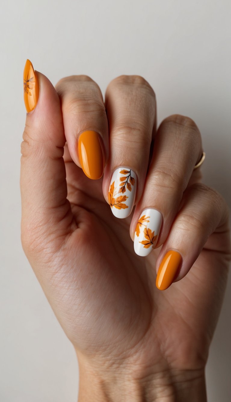 Autumn-inspired manicure featuring burnt orange polish and white nails with detailed orange leaf designs held against neutral background