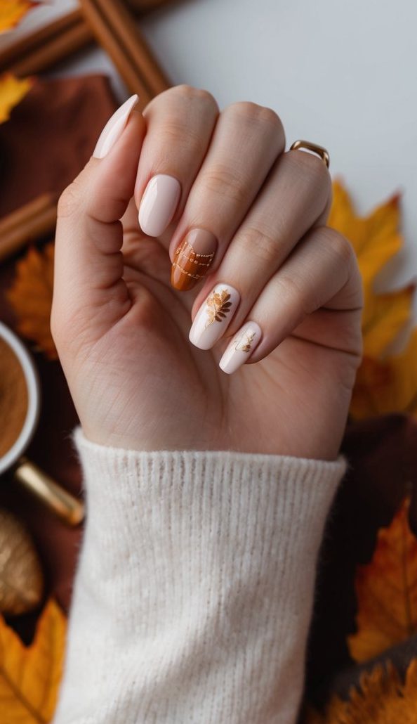Cozy autumn nail art featuring nude base with amber gradient and gold leaf designs, surrounded by cinnamon sticks and fall leaves