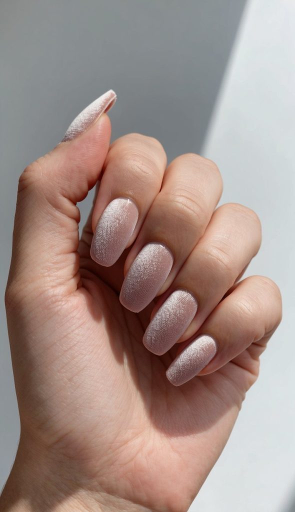 Soft blush nails with a textured velvet finish that adds depth and elegance to plain nail art.

