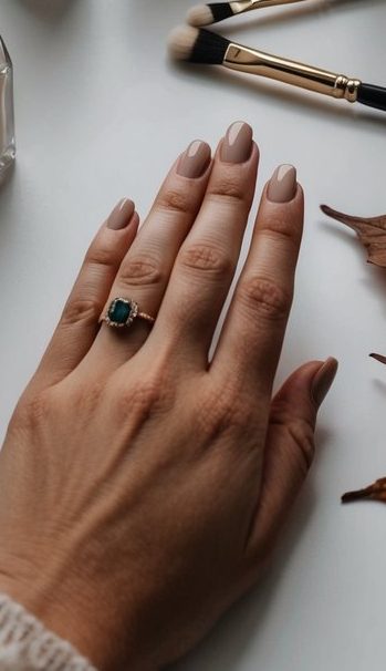 Clean beauty setup displaying beige manicured nails surrounded by curated neutral polish bottles and autumn seasonal decorations