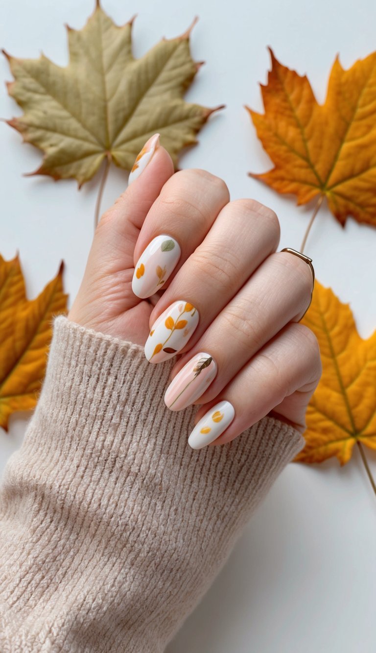 Whimsical September nail design featuring white and nude polish with scattered golden leaf motifs, photographed against colorful autumn maple leaves