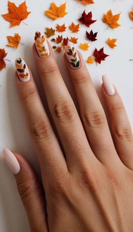 Creative autumn nail art displaying soft pink base with delicate leaf motifs in orange, red, and green, surrounded by scattered colorful maple leaves