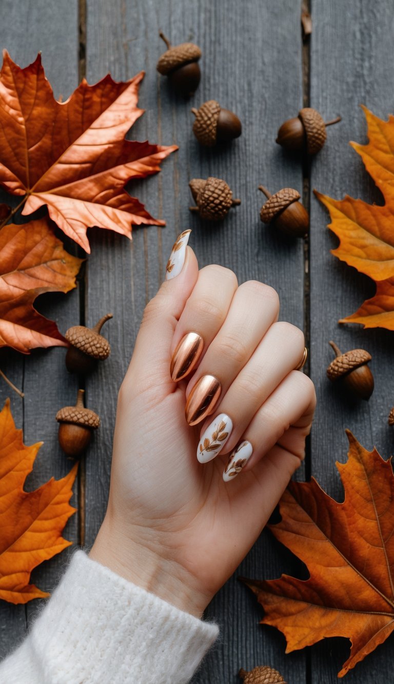  Luxurious September nail design featuring mirror-finish copper chrome and cream nails with golden botanical details, styled with autumn acorns and leaves on rustic wood