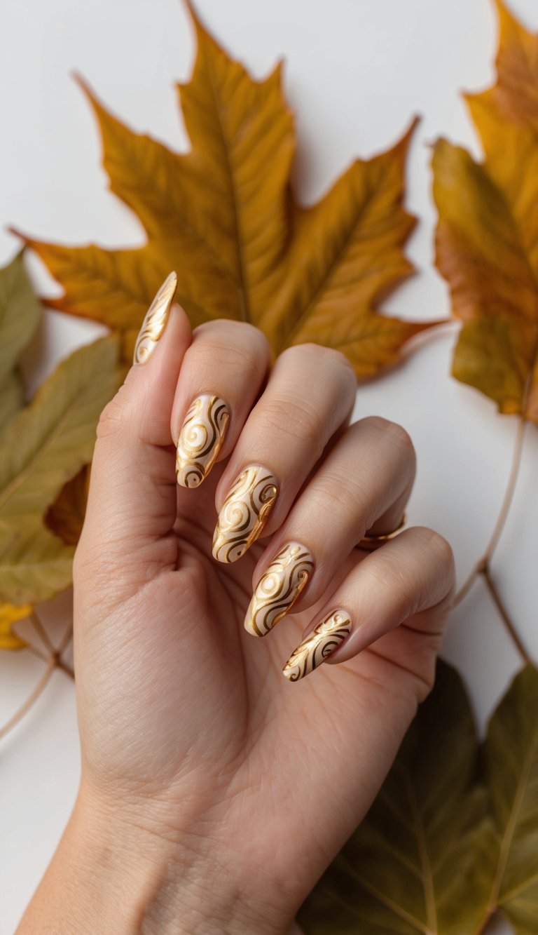 Golden swirl patterned nails against a backdrop of autumn leaves and warm, earthy tones